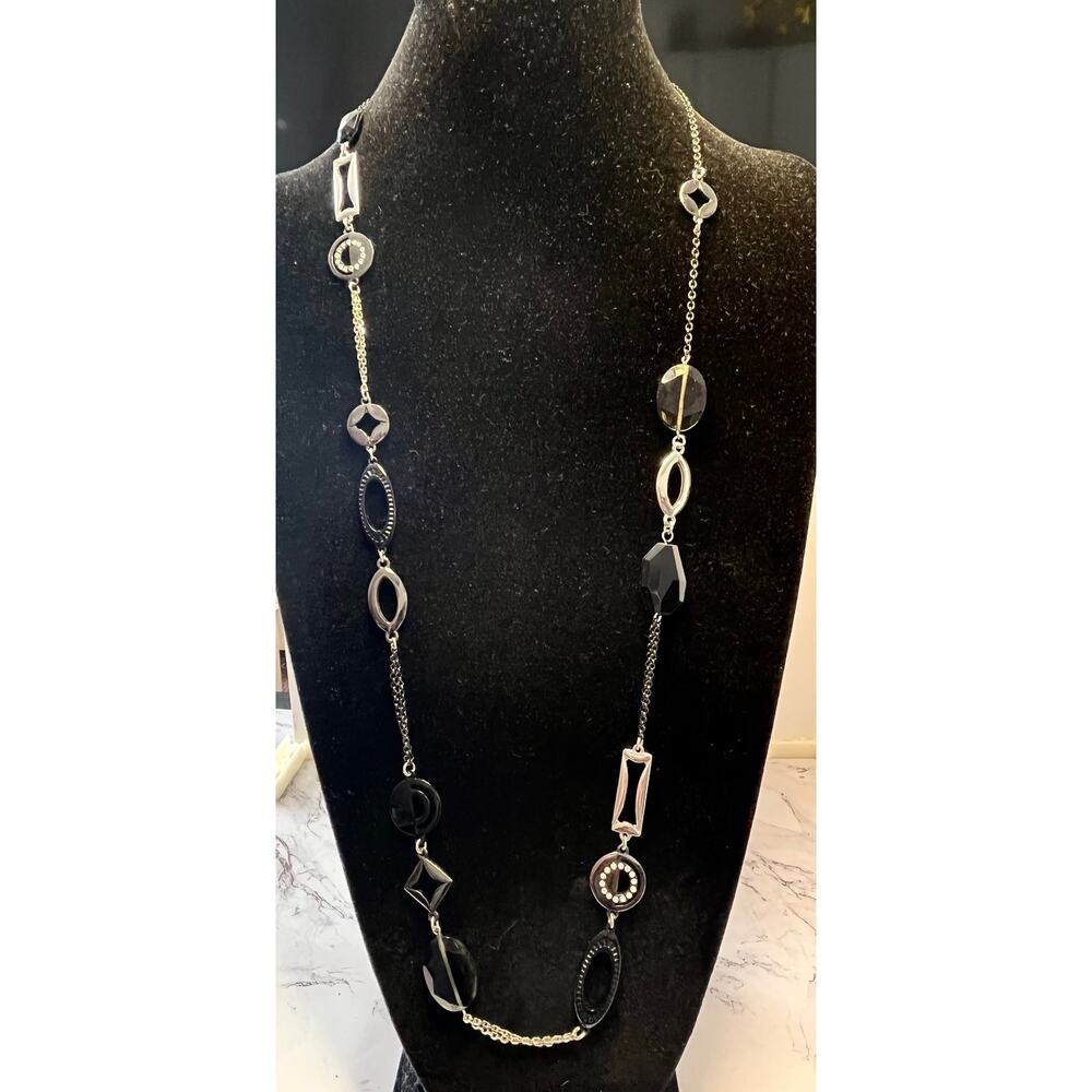 Lia Sophia Silver Tone & Black Geometric Link Necklace 18" Rhinestone Accent